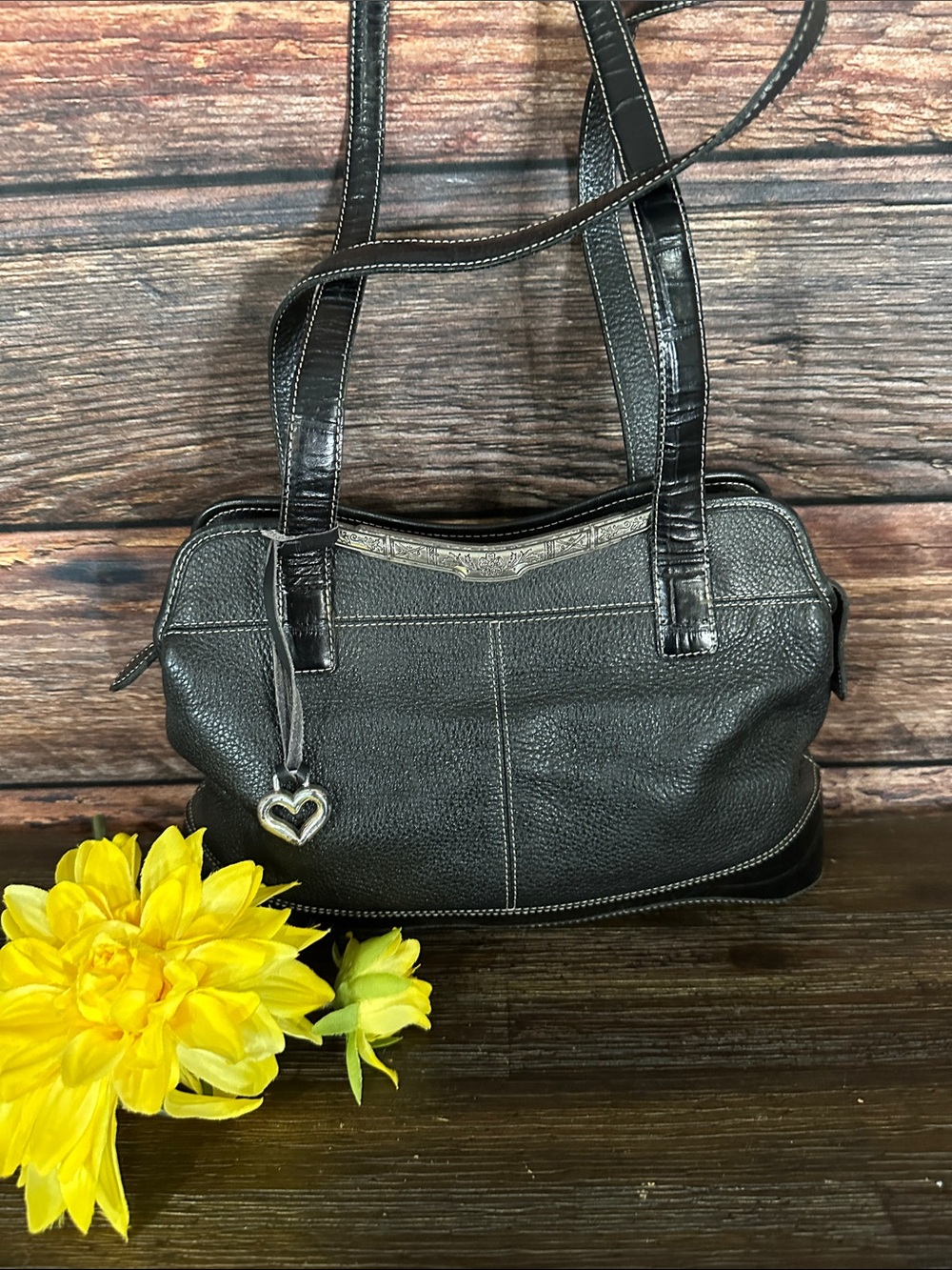 Brighton Classic Black Women's Leather Shoulder Bag with Heart Charm